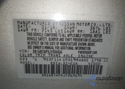 2018 Nissan Sentra S из США, поврежденный, VIN 3N1AB7APXJY264694